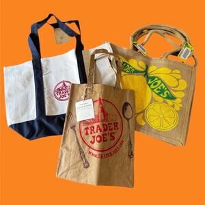 4 Trader Joe's Bags Canvas Reusable Tote/Washable Paper Bag/ 2 Citrus Jute Bags